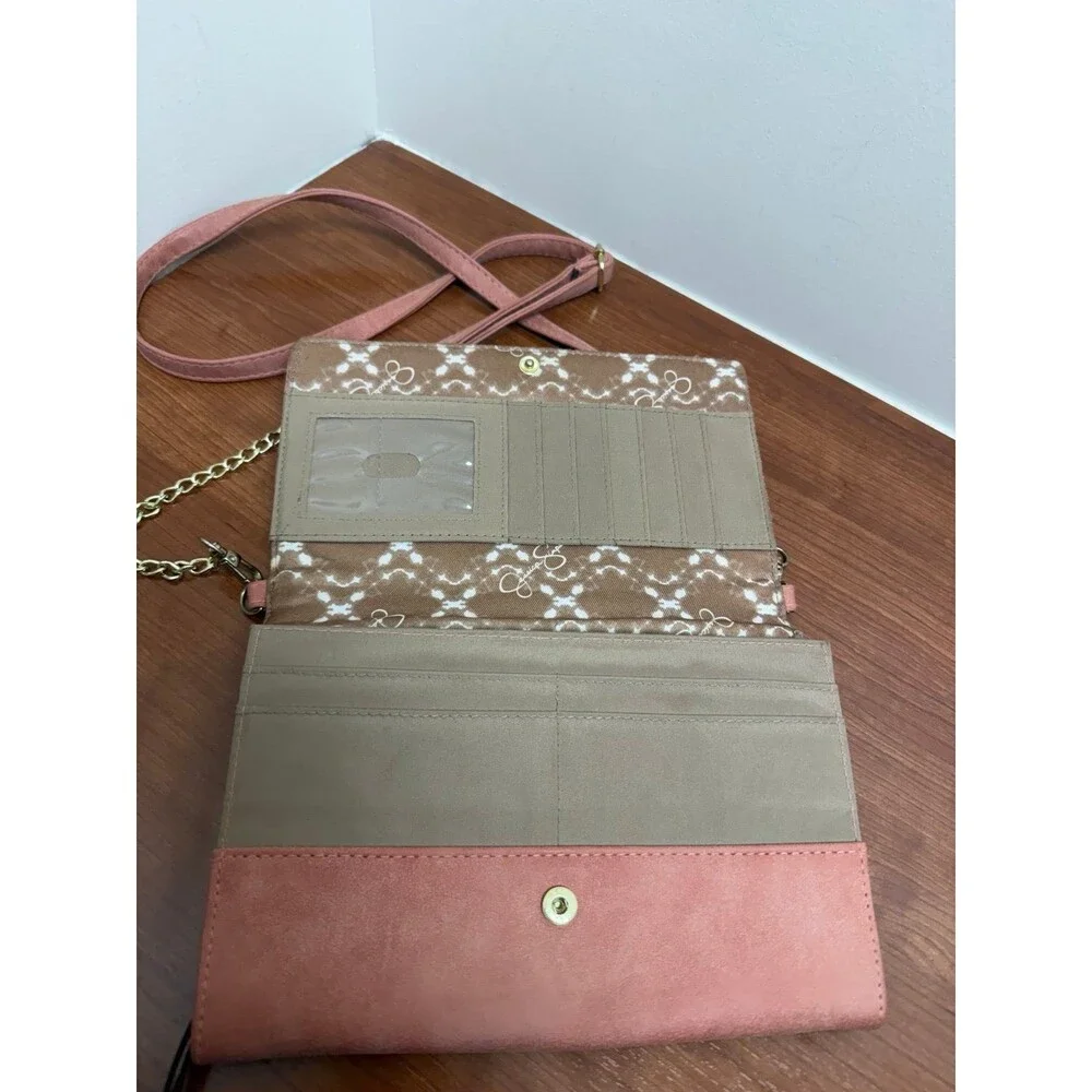 Jessica Simpson Quilted Crossbody Wallet Pink Faux Leather Chain Strap 9x6